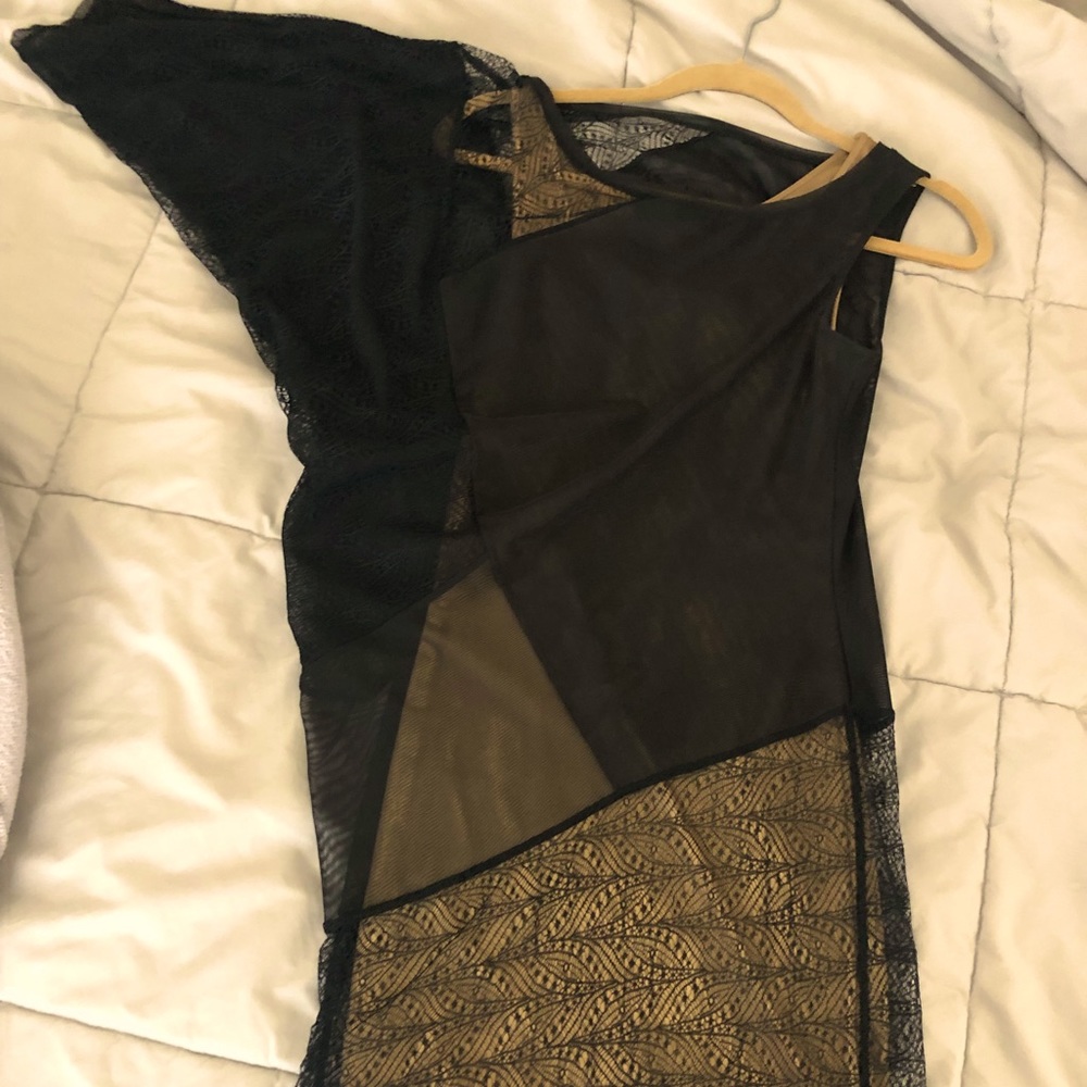 BCBG Max Azaria LBD. Black lace over gold slip dress. One shoulder, mini.